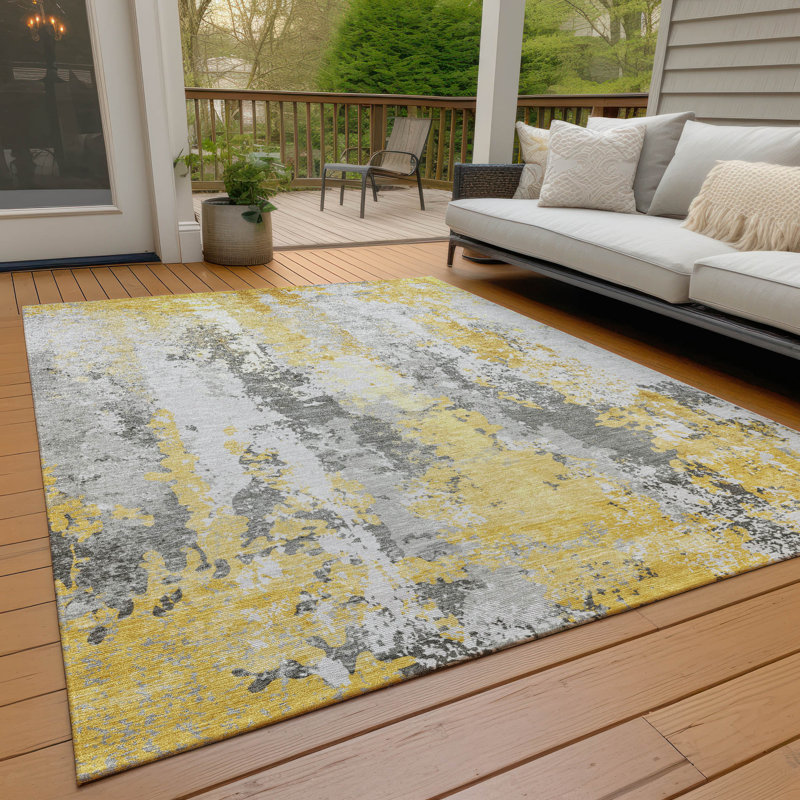 Tapis intérieur / extérieur jaune lavable à la machine Xhevrie, Rectangle 9 pi x 12 pi