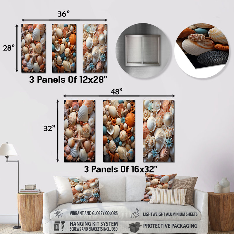 Classic Seashells By The Sea - Ensemble de 3 décorations murales en métal coquillage, H 28 po x l 36 po