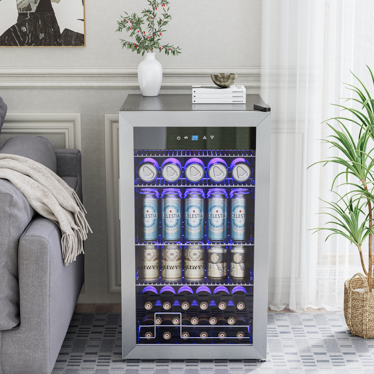 17.52 Inch 150 Can Beverage Refrigerator, Glass Door, Digital Temp Control, Adjustable Shelves with Bottom Retention Guard Rail, Freestanding/Built-In | Fridge.com