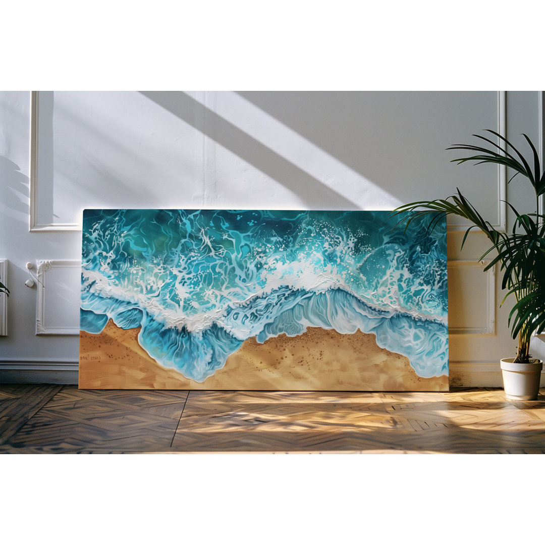 Leinwandbild gerahmt 120x60cm Strand von Oben Abstrakt Kunstvoll Wellen Meer Ozean