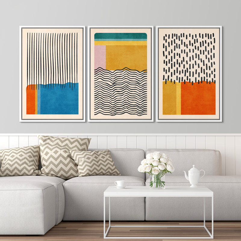 Abstract Vibrant Color Blocks " Mid-century Modern Multicolor Block Colorful Framed Abstract Geometric Canvas Print Wall Art " 3 - Pieces