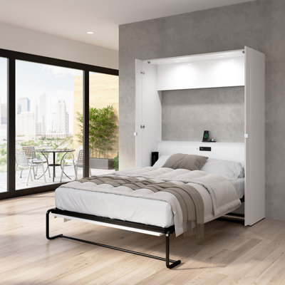 Maile High-Gloss Scratch-Resistant Murphy Bed with LED Lights and Built-In Charging Station