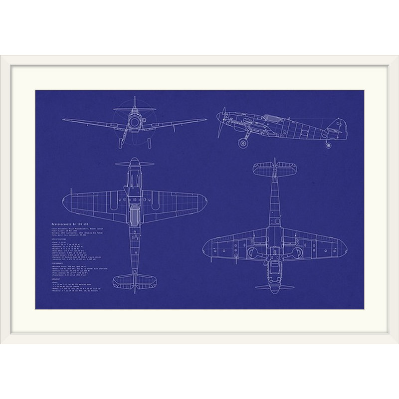 «Messerschmitt ME109 Blueprint» par Deschamps, impression, H 24 po x l 32 po x P 1 po, Cadre blanc
