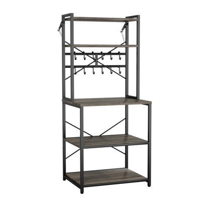 23.6"W Freestanding Kitchen Baker’s Rack, X-Shaped Support Coffee Bar Storage Shelf with Double-Tier Top & 12 S Hooks, Kitchen Organizer for Dishes, Bowls and Spice Bottles
