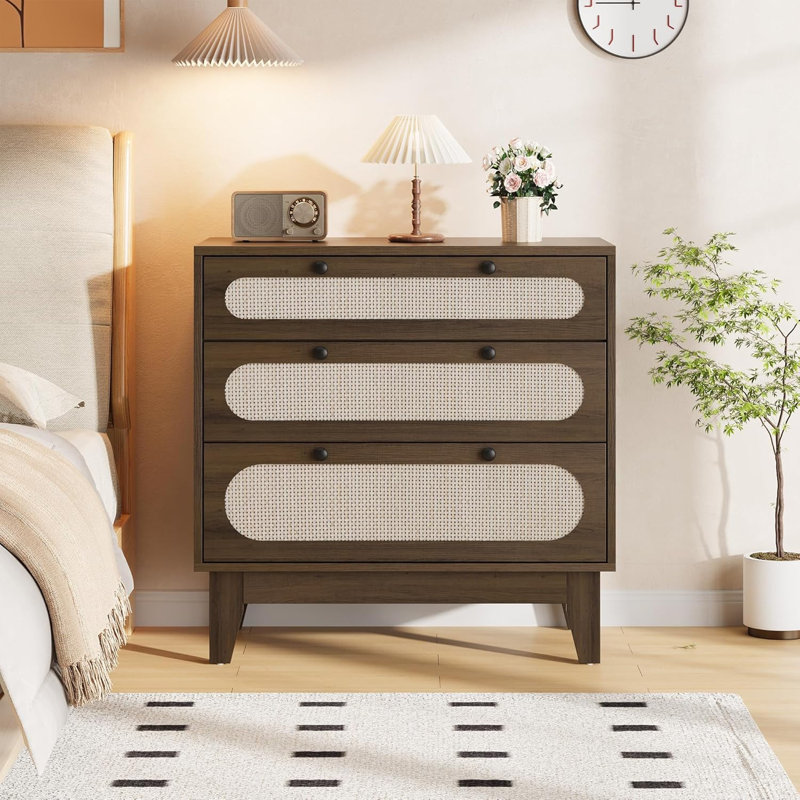 Modern Rattan Nightstand, Narrow Farmhouse Accent Cabinet, Brown, Brown/Beige