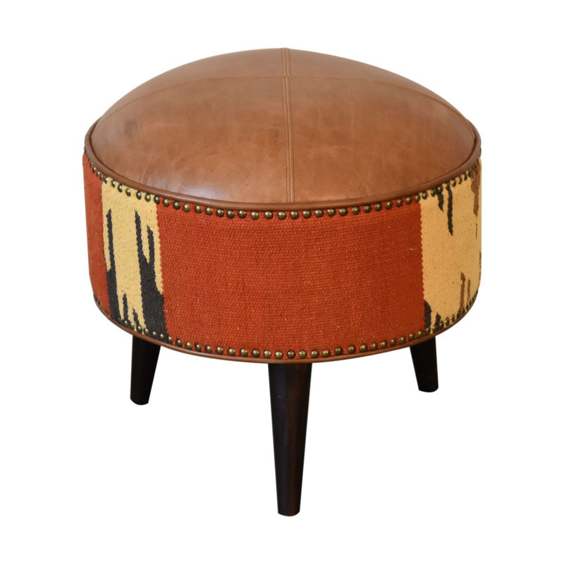 Prange 45cm Wide Genuine Leather Round No Pattern Footstool Ottoman