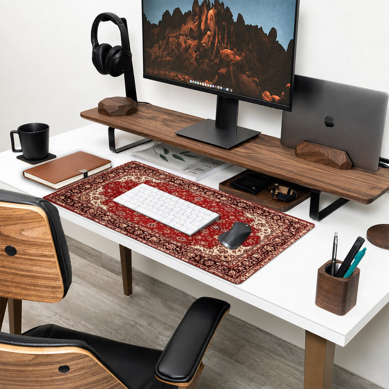 Tapis de souris en caoutchouc, surface lisse en microfibre, base antidérapante, bords arrondis, motif tapis oriental rouge, idéal pour le bureau et les jeux vidéo, 30 x 81 cm.