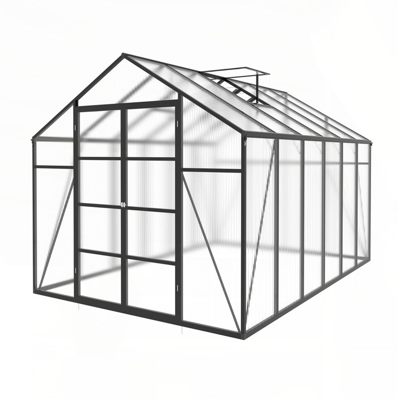 Serre en aluminium 10 x 12 pi à hauteur de gain 10 x 12 pi, panneaux en polycarbonate, base surélevée, durabilité toutes saisons