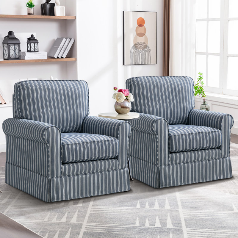 Eilzabeth 33" W Modern Soft Wide Upholstered Striped Swivel Arm Accent Chair, Blue Fabric
