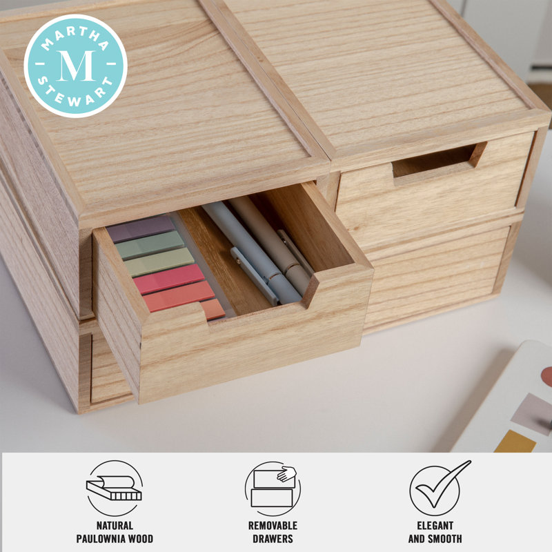 Light Natural Paulownia Wood Stackable Storage Boxes with Drawers, Set of 3
