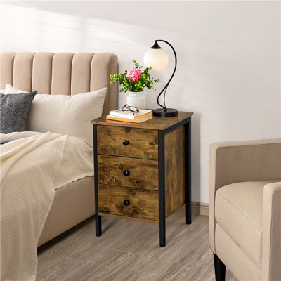 3 Drawer Bedside Table with Rustic Vertical Tower Wooden Texture