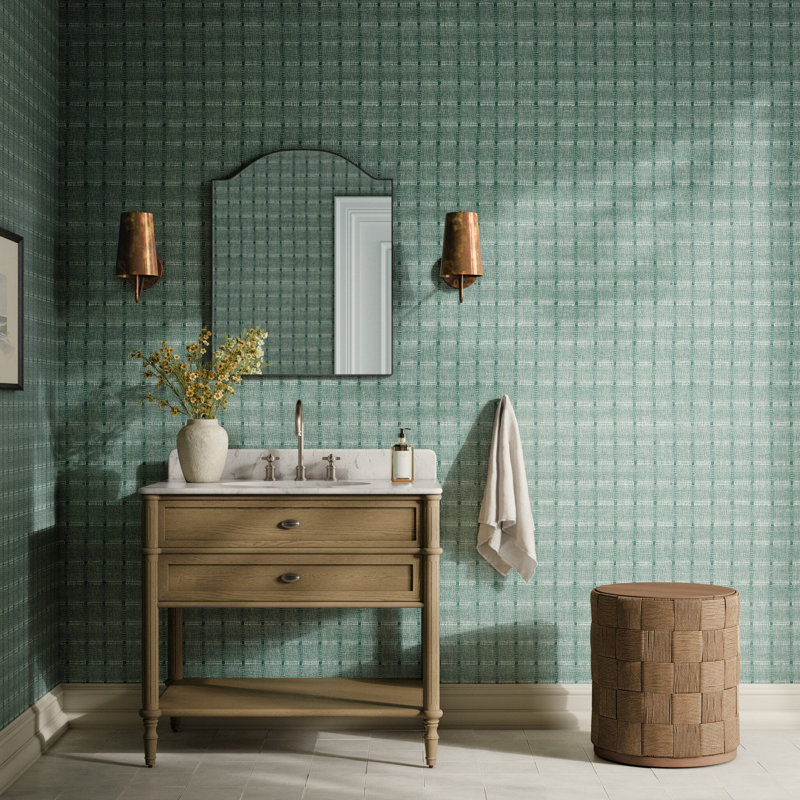 Dobby Checkered Wallpaper, H 132" x W 52", Dobby - Verdigris