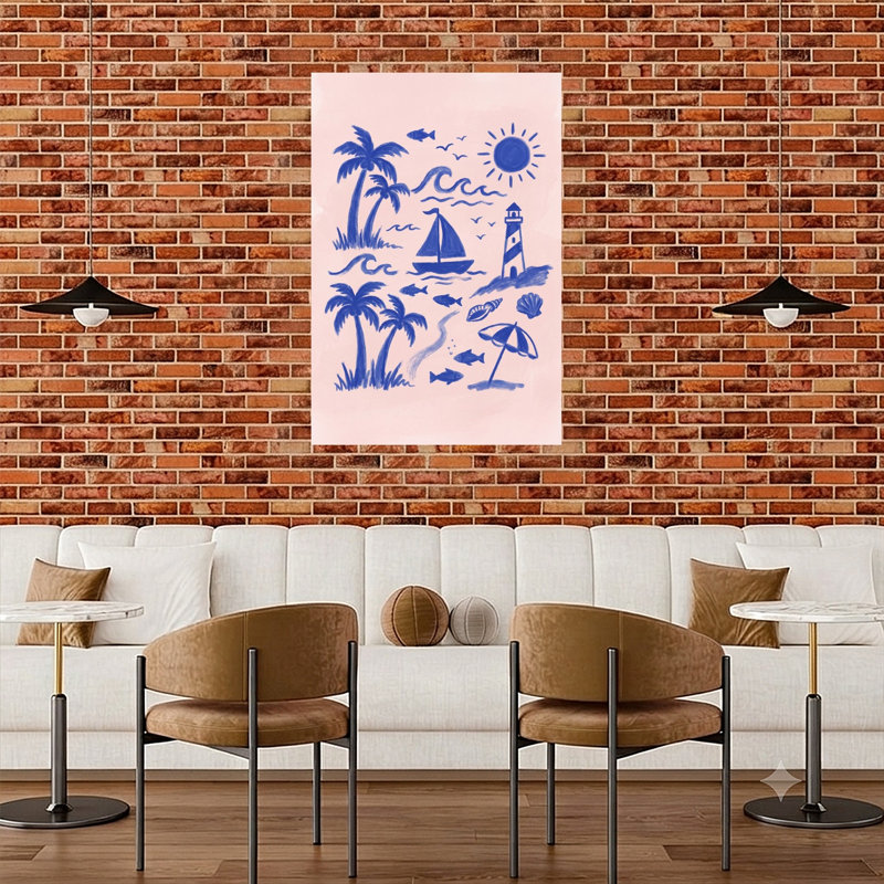 Coastal Summer Illustration Abstract Palm Tree Bird Fish Coastal Wall Art Print 1 Piece Wrapped Canvas Wall Art