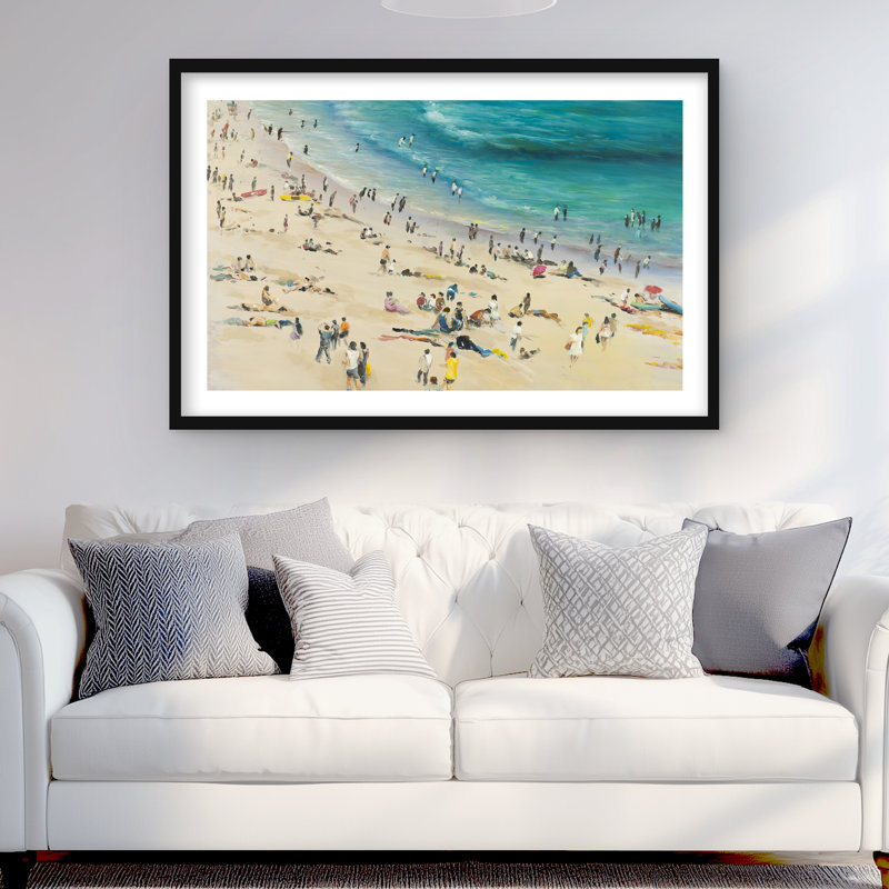 Summer Crowd at the Beach - Bathroom Man, reproduction d'art encadrée