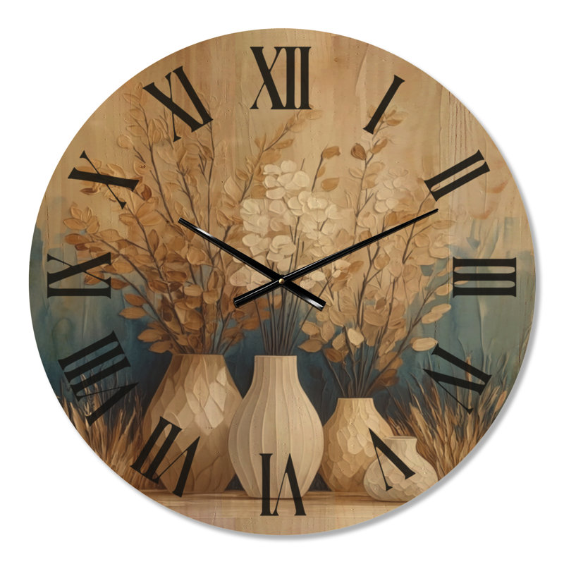 Vases en sable et indigo - Horloge murale bohème, imprimée sur bois, Médium