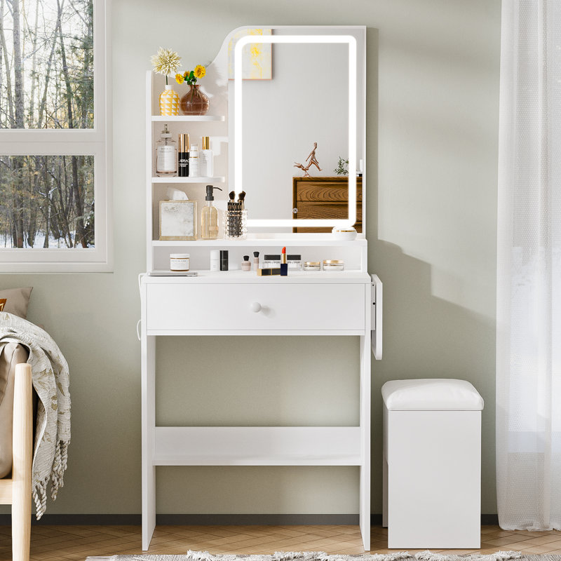 Compact Makeup Vanity Set with Lighted Mirror and Power Outlet