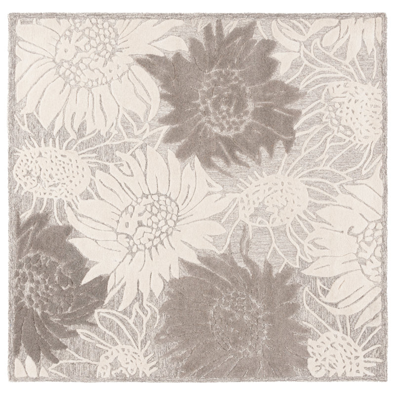 Oaklynd Hand Tufted Wool/Cotton Floral Rug in Gray/Ivory, Square 6'