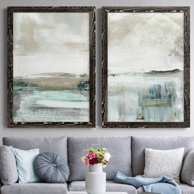 Summer Teal I - ensemble de 2 peintures sur toile encadrées, H 37,5 po x l 55 po x P 1,5 po, Cadre noir