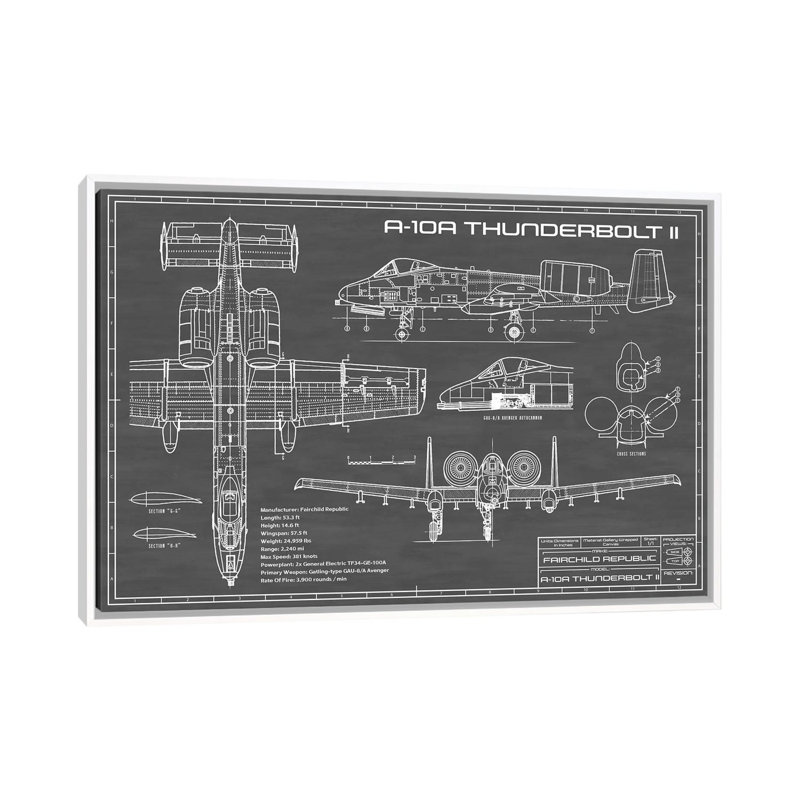 A-10 Thunderbolt II-imprimé de dessin, Pas de tapis, H 32 po x l 48 po x 1,5 po, Toile blanche encadrée