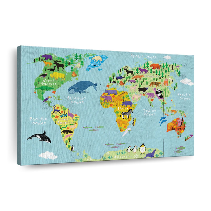 Carte du monde d'animaux domestiques sur toile, H 26 po x l 39 po x P 1,25 po