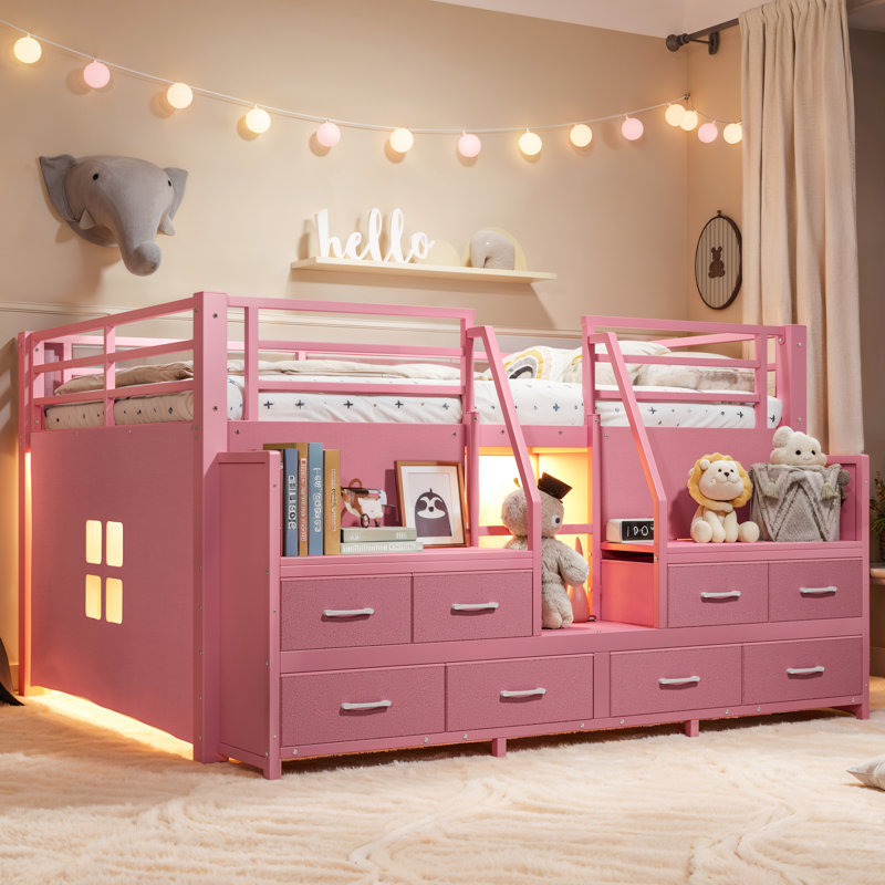 Lit mezzanine Blossom pour enfant avec escalier de rangement, tiroirs en tissu et éclairage