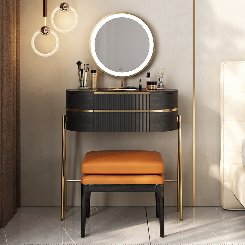 Dressing Table with Mirror, Gold/Black Brown