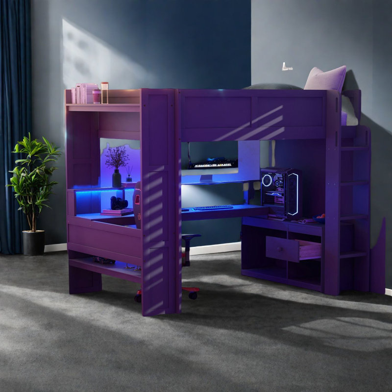 Spacious Wood Gaming Loft Bed, Dark Grey With Desk And Storage