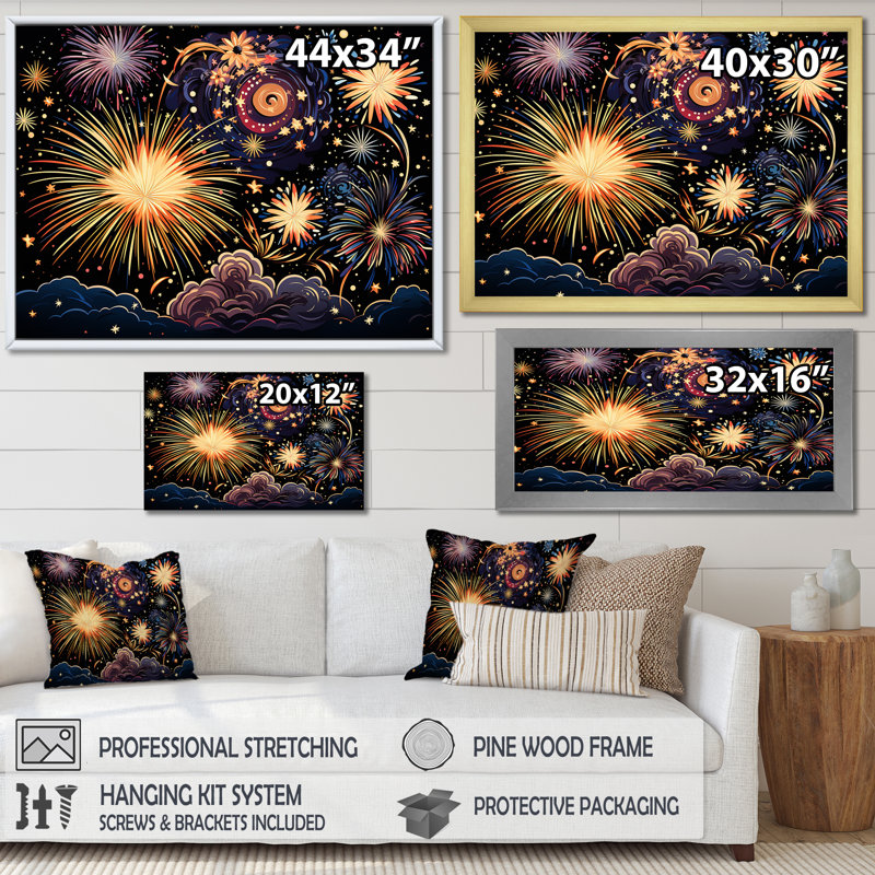 Fireworks Celestial Sky - Fireworks Wall Art, Wrapped Canvas, 16" H x 32" W x 1" D