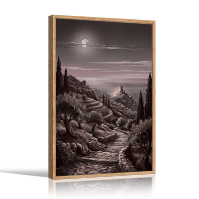 Tableau sur toile d'Halloween représentant une tour côtière au clair de lune et des cyprès