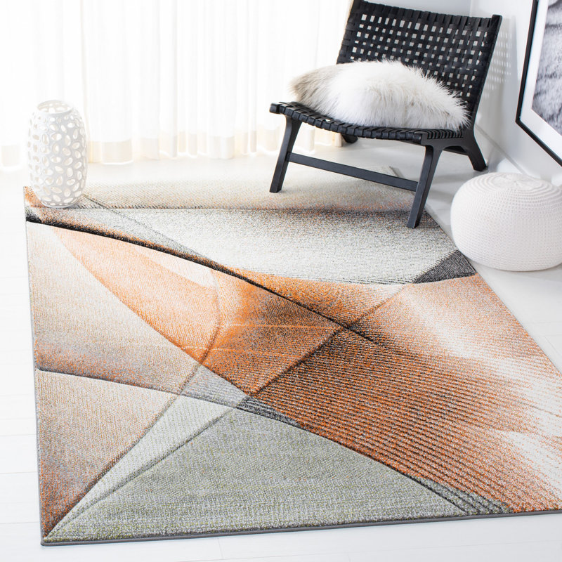 Tontogany Geometric Gray/Orange Area Rug, Rectangle 6'7" x 9'