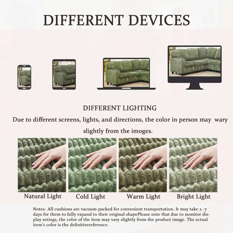 Canapé-lit en L Corduroy, canapé-lit modulaire convertible 5 places avec lit escamotable USB et rangement, Grey