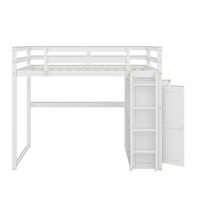 Wood Full Size Loft Bed With Wardrobe, Shelves And LED Light, White