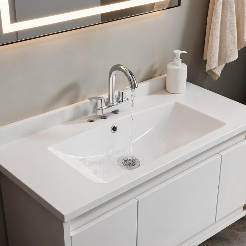 Plan de toilette simple en céramique blanche de 91 cm (36 po) avec trois trous pour robinetterie et vasque rectangulaire encastrée.