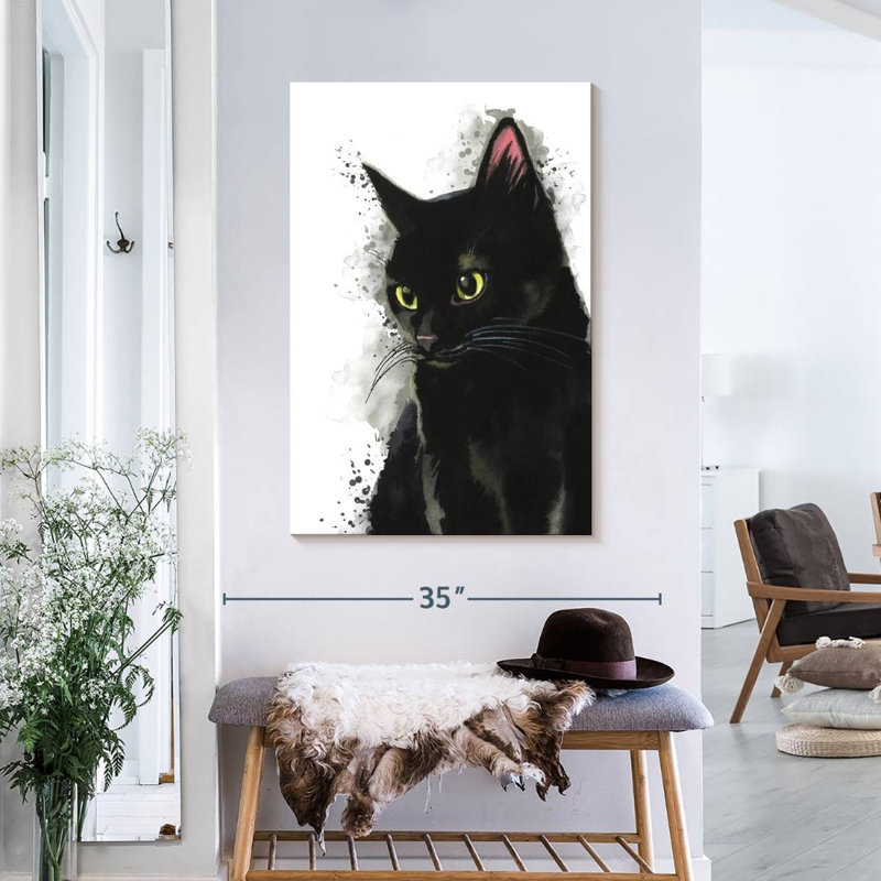 Simple chat noir sur toile, H 36 po x l 24 po x P 1,25 po
