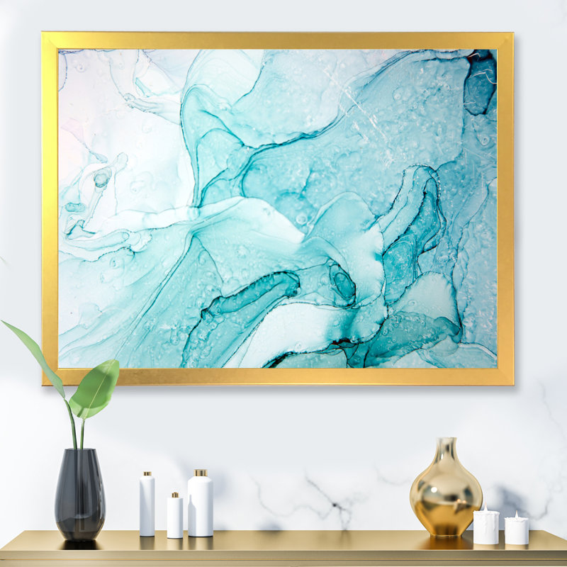 Turquoise Ink Universe - peinture sur toile, H 24 po x l 32 po, Encadrement doré