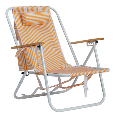Orange & White Striped Folding Beach Chair, 4-Position Adjustable Aluminum Outdoor Lounge Chair with Storage Pockets, Detachable Headrest & Cup Holders for Pool, Camping and Travel