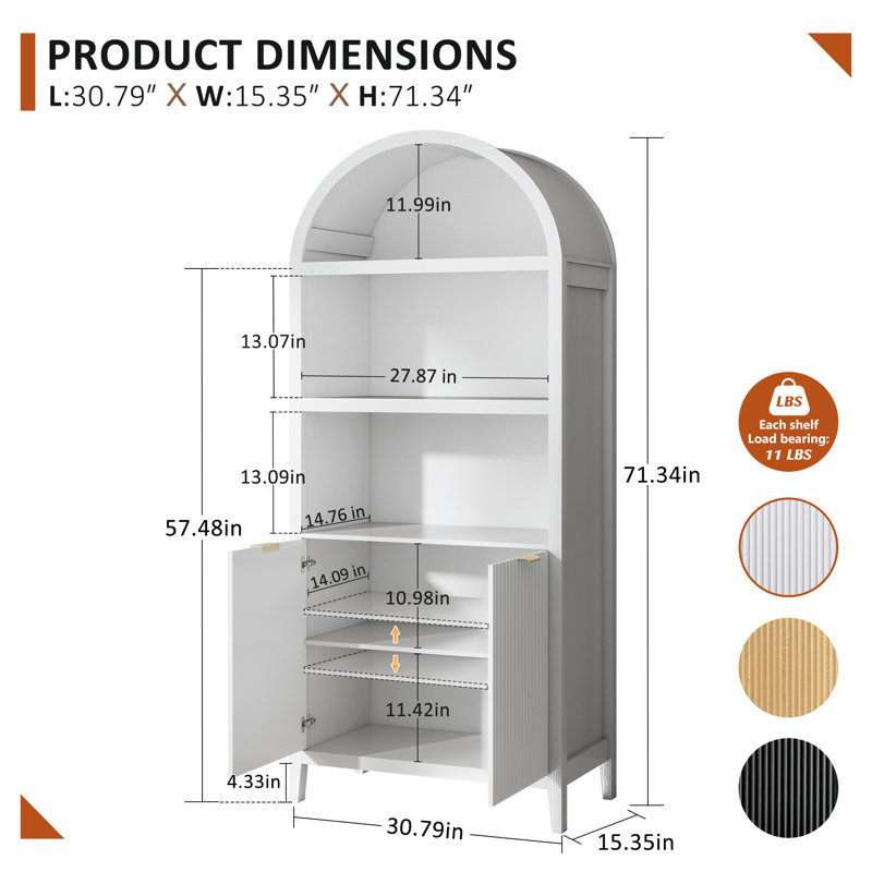 Arched Bookcase with 5 Shelves, 71" Tall Bookshelf with Door, White, White