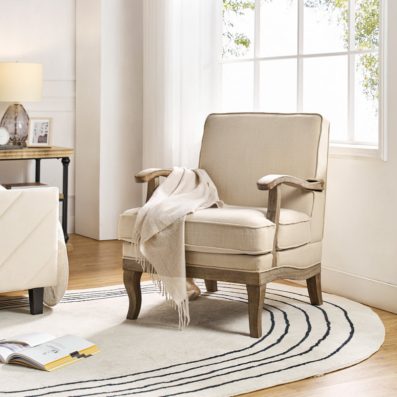 Amilio 28" W Farmhouse Polyester Armchair with Solid Wood Legs, Linen
