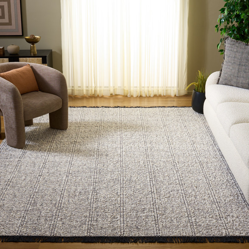 Manhattan 676 Hand Woven Wool/Cotton Striped Rug in Ivory/Black, Rectangle 9' x 12'