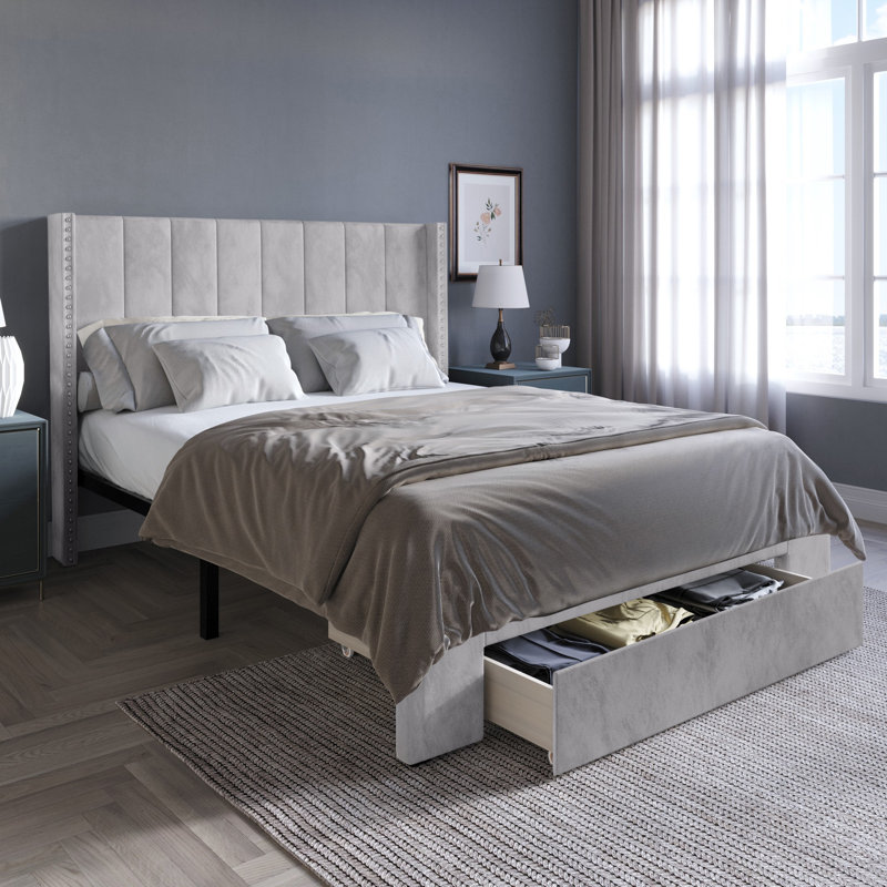 Georgia-Lee Upholstered Wingback Storage Bed, Silver Gray, Queen