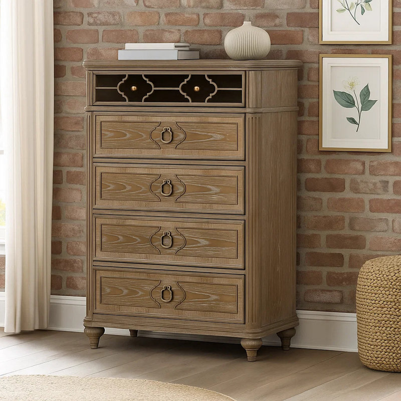 Commode haute Lyla, 5 tiroirs, structure en bois de chêne brun rustique