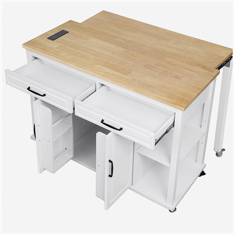 Îlot de cuisine de 47 po avec table de salle à manger extensible, table de salle à manger en placage d'hévéa, avec tablettes de rangement internes, prises de courant, îlot de cuisine avec 2 tiroirs et 2 armoires, blanc