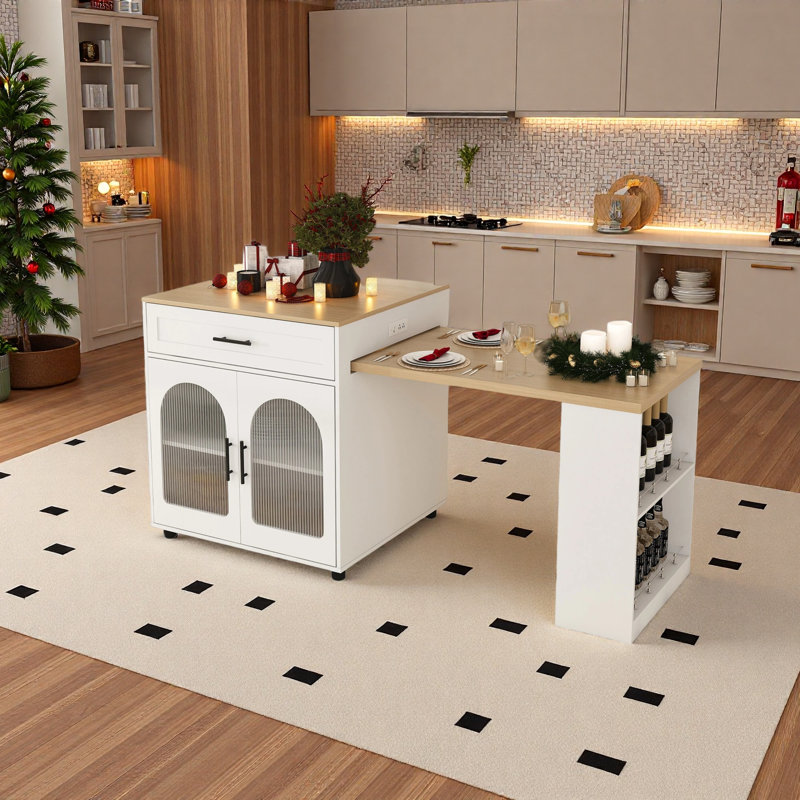 80-inch Expandable Kitchen Island With Dining Table, Solid Wood Grain Counter Top With Power Outlet, Mobile Storage Cart With Cabinet & 2 Drawers, Kitchen Prep Table