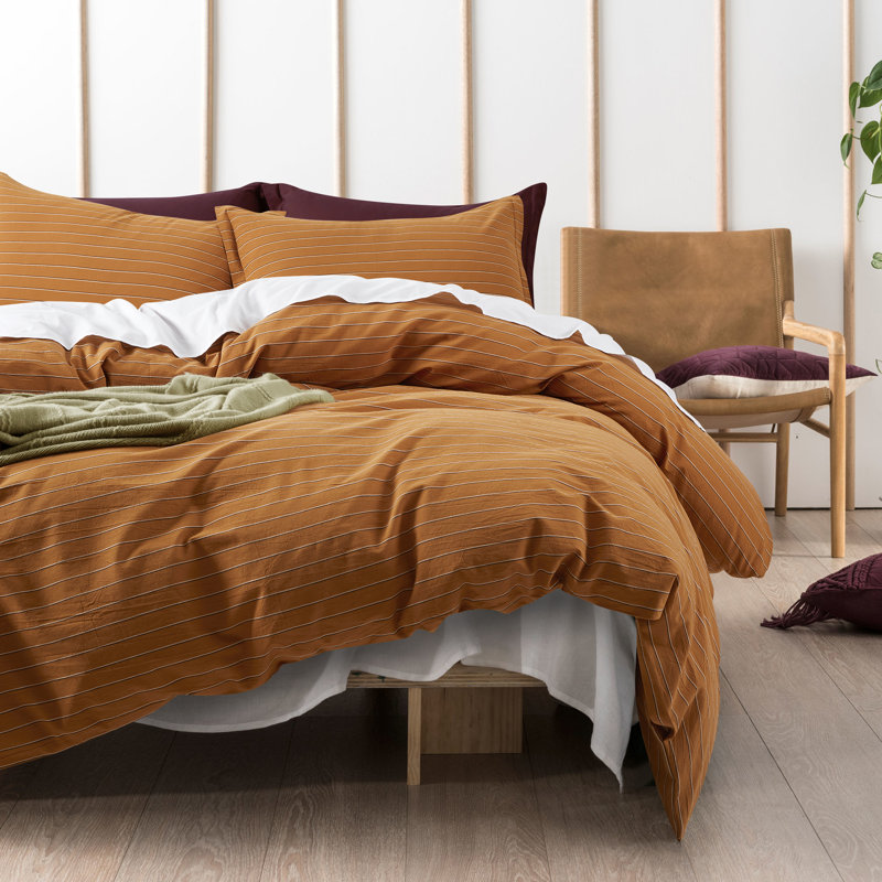 Dione Mid-Century Modern Percale Striped Duvet Cover, Burnt Orange, Queen Duvet Cover + 2 Queen Shams