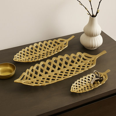 Decorative Leaf Tray with Open Cut Design for Home Decor - Modern Accent Plate for Console Table, Bedroom, or Shelf - Set of 3, 23", 21", 14", Gold