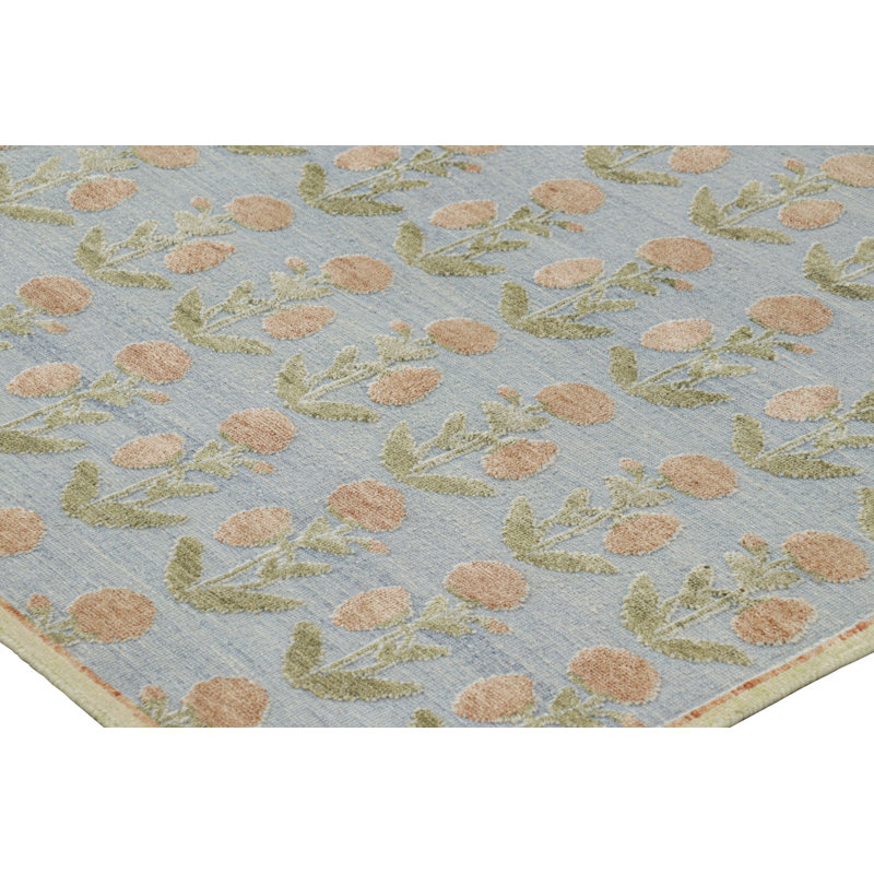 Rug & Kilim’S Block Print Rug Design With Brown And Green Floral Patterns, Rectangle 4' x 5'