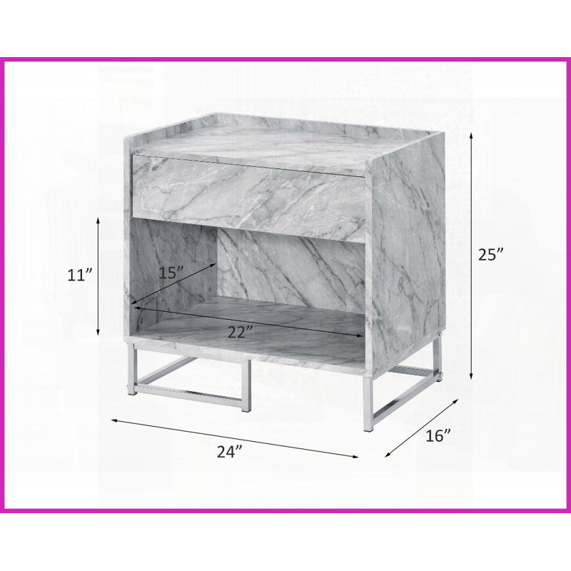 Faux marbre blanc imprimé & amp; Table basse chromée avec 1 tiroir & amp; Espace de rangement ouvert - peu encombrant Assemblage facile