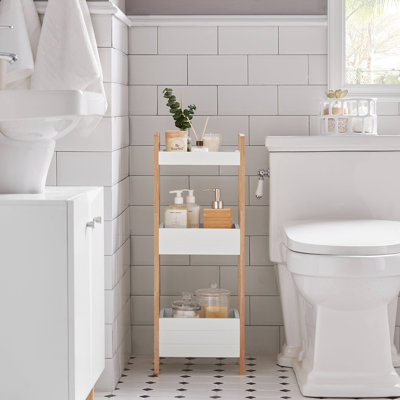 Bathroom Shelf 3-Tier Freestanding Organizer with Steel Frame for Bathroom Kitchen Bedroom,White & Natural 
