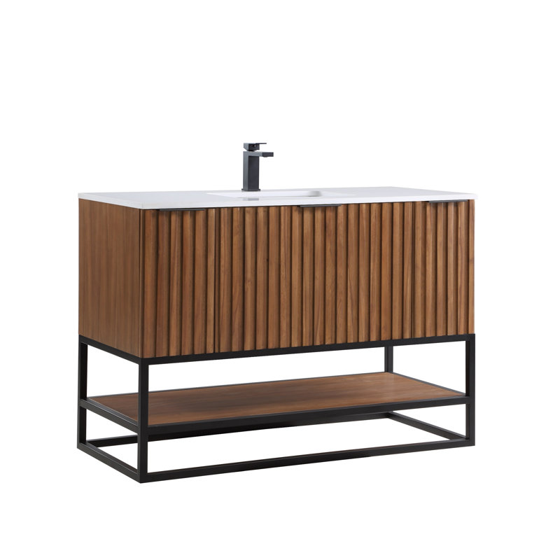 Terra 48'' Single Bathroom Vanity with Top, Walnut, Matte Black, Calacatta Quartz/Widespread Faucet Mount