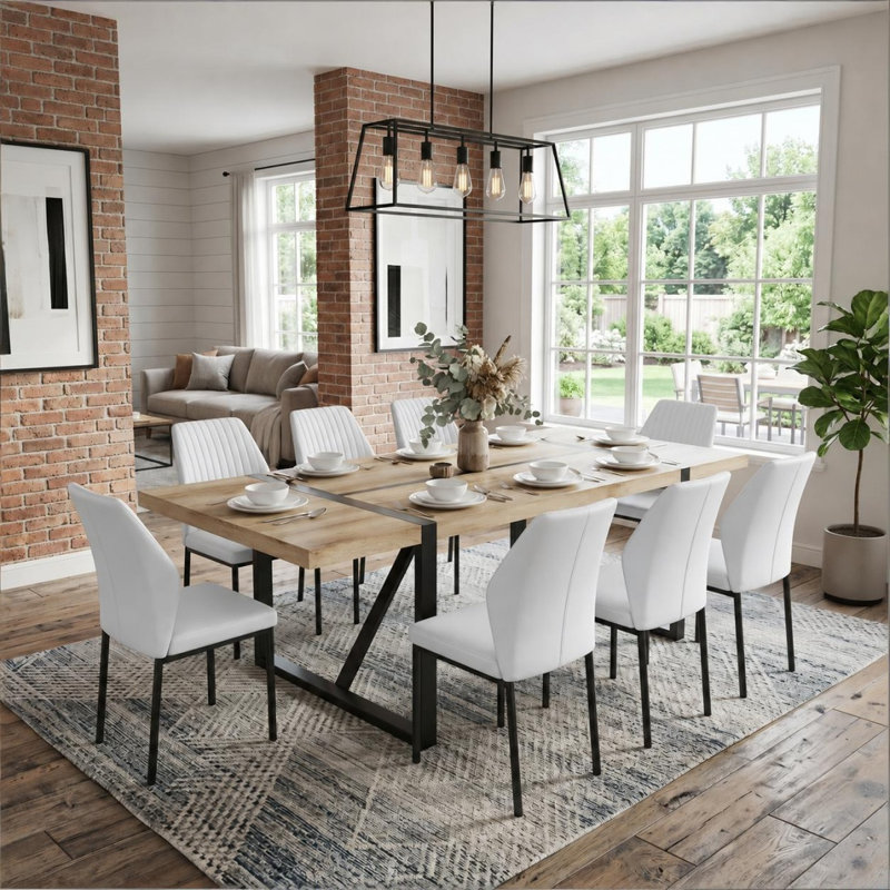 Ensemble de salle à manger 87 po Farmhouse, 9 Pieces: Table, 8 Chairs, Wood, Blanc